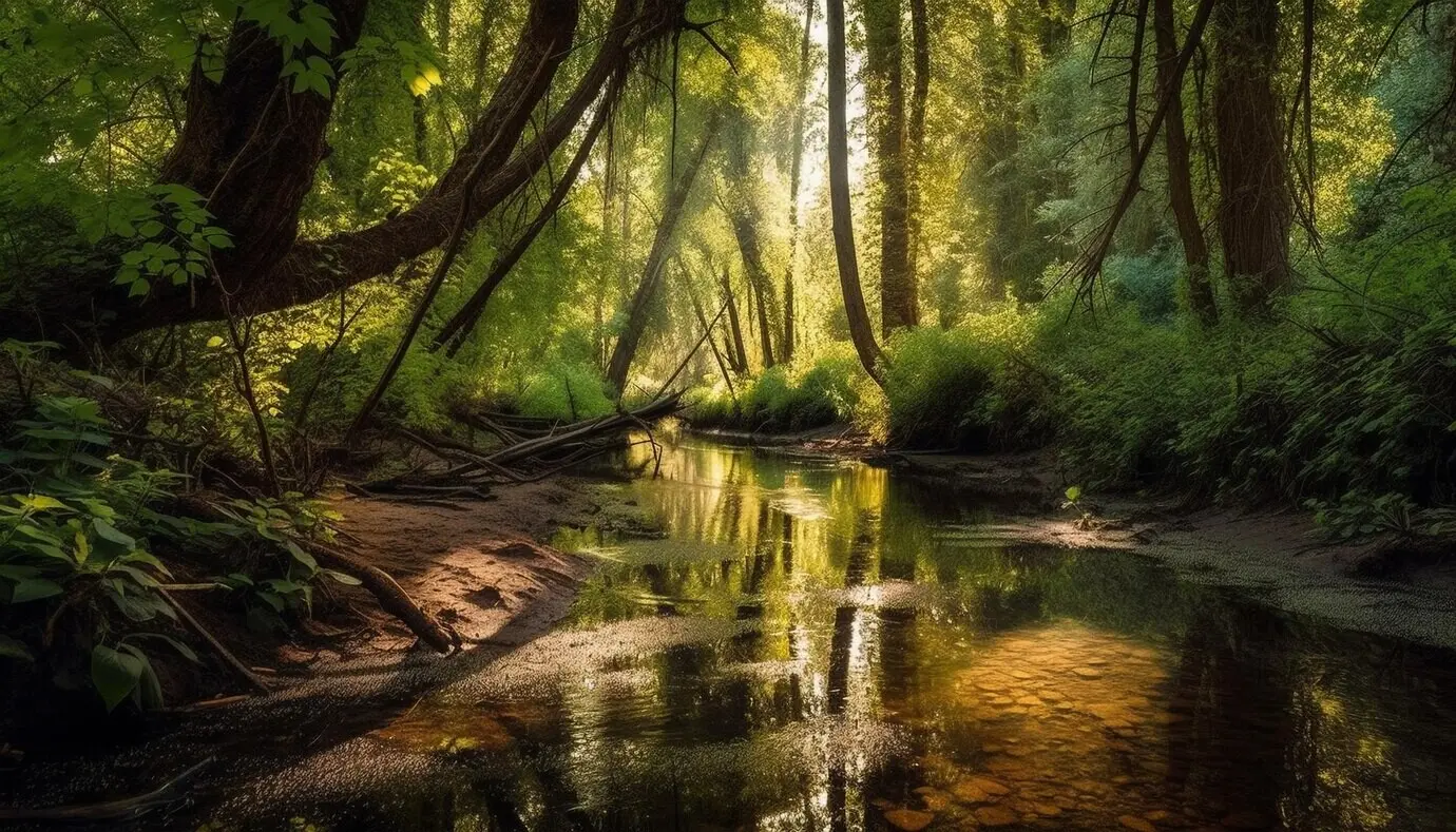 Escena serena de agua que fluye en un bosque, generada por IA.
